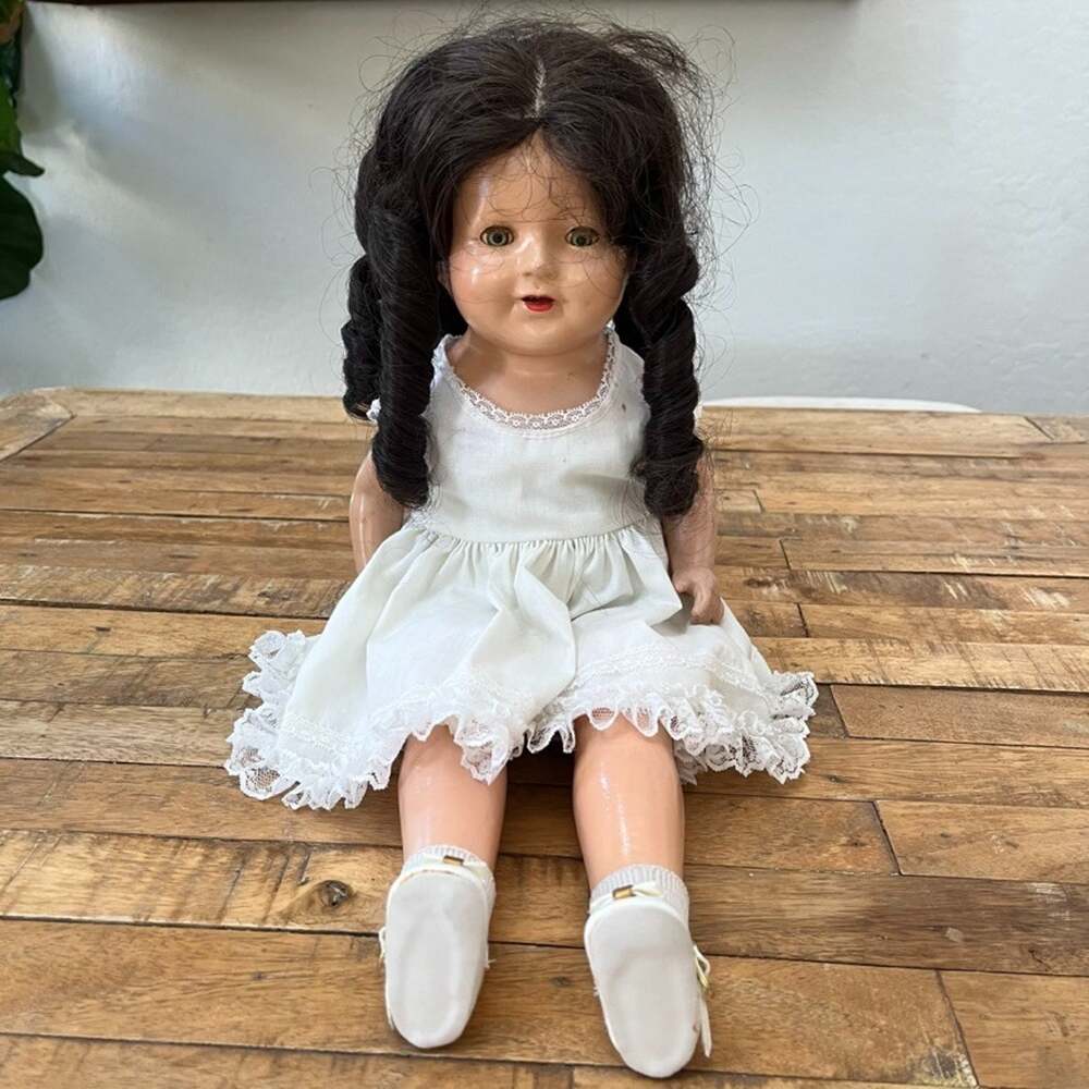 Antique 1920s Blue Sleepy Eyes Baby Doll Brown Curly Hair Made Of Composition